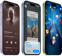 iPhone 17 aygıtları, arkadan dış görünüm, yandan dış görünüm, Apple Music, Görsel zeka, oyun ekranları gösteriliyor, düğmeler: Eylem düğmesi, ses düğmesi