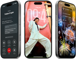 Yan yana duran 3 adet iPhone 17 modelinin önden görünümü, iOS 26’nın Liquid Glass efekti ve Apple Intelligence özelliği gösteriliyor