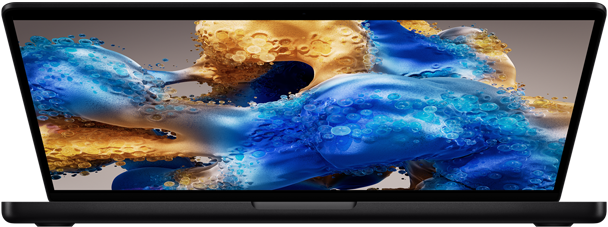 Rengarenk ekranı görünen hafif açık durumdaki MacBook Pro