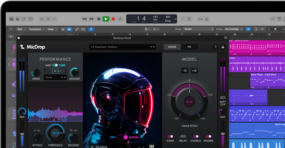 MacBook Pro’da bir ses kaydını düzenlemek için yapay zeka özelliklerinden yararlanan MicDrop yazılımının gösterildiği ekran içeriği