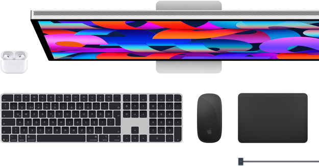 Mac aksesuarları: AirPods, Studio Display, Magic Keyboard, Magic Mouse, Magic Trackpad, Uzay Siyahı rengi MagSafe şarj kablosu