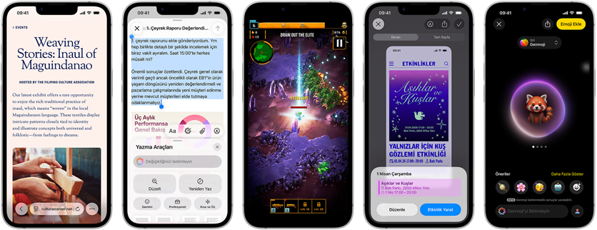 Yan yana duran iPhone 17e aygıtlarında farklı ekranlar gösteriliyor: oynanmakta olan bir oyun, Yazma Araçları, Apple TV uygulaması, oluşturulmakta olan bir takvim etkinliği, oluşturulmakta olan bir Genmoji
