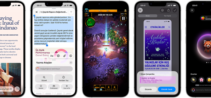 Yan yana duran iPhone 17e aygıtlarında farklı ekranlar gösteriliyor: oynanmakta olan bir oyun, Yazma Araçları, Apple TV uygulaması, oluşturulmakta olan bir takvim etkinliği, oluşturulmakta olan bir Genmoji