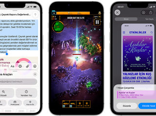 Yan yana duran iPhone 17e aygıtlarında farklı ekranlar gösteriliyor: oynanmakta olan bir oyun, Yazma Araçları, Apple TV uygulaması, oluşturulmakta olan bir takvim etkinliği, oluşturulmakta olan bir Genmoji