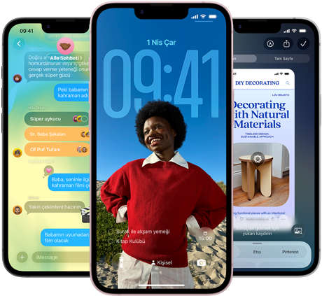 Üç adet iPhone 17e aygıtı, ekranlarında Liquid Glass tasarımlı Mesajlar uygulaması, dinamik Kilit Ekranı ve kullanılmakta olan Görsel Zeka gösteriliyor