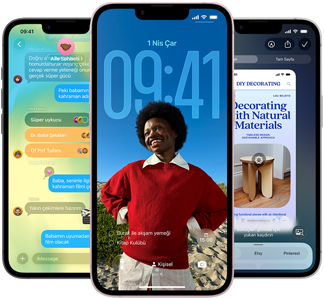 Üç adet iPhone 17e aygıtı, ekranlarında Liquid Glass tasarımlı Mesajlar uygulaması, dinamik Kilit Ekranı ve kullanılmakta olan Görsel Zeka gösteriliyor