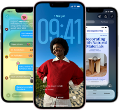 Üç adet iPhone 17e aygıtı, ekranlarında Liquid Glass tasarımlı Mesajlar uygulaması, dinamik Kilit Ekranı ve kullanılmakta olan Görsel Zeka gösteriliyor