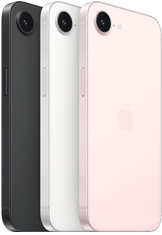 iPhone 17e, yandan ve arkadan dış görünüm, siyah renk, yandan ve arkadan dış görünüm, beyaz renk, yandan ve arkadan dış görünüm, açık pembe renk, üstte Fusion kamera, yan düğme