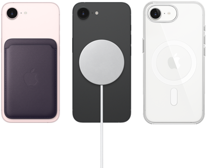 Gece yarısı moru renginde Mikro Dokuma Cüzdan’ın takılı olduğu açık pembe renkte iPhone 17e, siyah renkte Silikon Kılıf’ın ve MagSafe Şarj Aygıtı’nın takılı olduğu siyah renkte iPhone 17e, MagSafe özellikli Şeffaf Kılıf’ın takılı olduğu beyaz renkte iPhone 17e