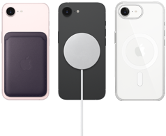 Gece yarısı moru renginde Mikro Dokuma Cüzdan’ın takılı olduğu açık pembe renkte iPhone 17e, siyah renkte Silikon Kılıf’ın ve MagSafe Şarj Aygıtı’nın takılı olduğu siyah renkte iPhone 17e, MagSafe özellikli Şeffaf Kılıf’ın takılı olduğu beyaz renkte iPhone 17e