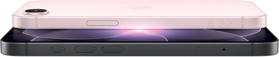 iPhone 17e, yatay pozisyonda yandan ve arkadan dış görünüm, açık pembe renk, iPhone 17e, yatay pozisyonda yandan ve önden dış görünüm, siyah renk