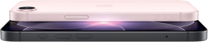 iPhone 17e, yatay pozisyonda yandan ve arkadan dış görünüm, açık pembe renk, iPhone 17e, yatay pozisyonda yandan ve önden dış görünüm, siyah renk