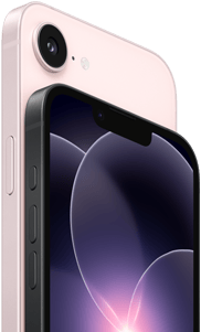 iPhone 17e, yatay pozisyonda yandan ve arkadan dış görünüm, açık pembe renk, iPhone 17e, yatay pozisyonda yandan ve önden dış görünüm, siyah renk