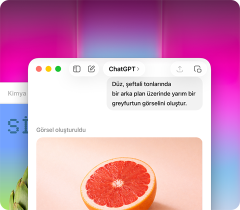 MacBook Neo ekranı, greyfurt görseli oluşturmak için ChatGPT kullanılıyor, ikinci pencerede Keynote’ta gradyan arka plan üzerinde enginar görseli gösteriliyor