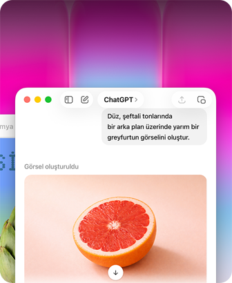 MacBook Neo ekranı, greyfurt görseli oluşturmak için ChatGPT kullanılıyor, ikinci pencerede Keynote’ta gradyan arka plan üzerinde enginar görseli gösteriliyor