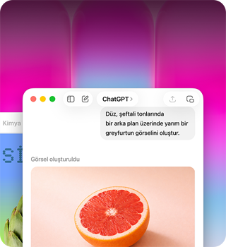 MacBook Neo ekranı, greyfurt görseli oluşturmak için ChatGPT kullanılıyor, ikinci pencerede Keynote’ta gradyan arka plan üzerinde enginar görseli gösteriliyor