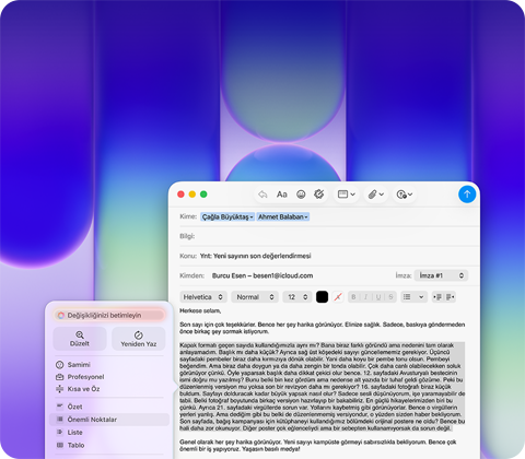 MacBook Neo ekranı, Mail uygulamasında Apple Intelligence Yazma Araçları kullanılıyor ve bir yayın hakkındaki geri bildirimleri içeren mail’deki uzun bir paragraf revize ediliyor
