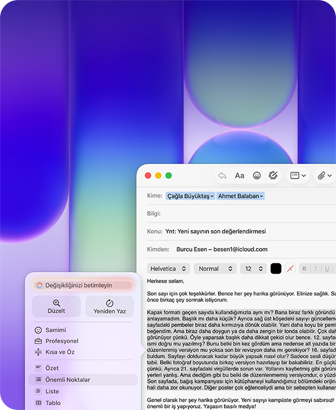 MacBook Neo ekranı, Mail uygulamasında Apple Intelligence Yazma Araçları kullanılıyor ve bir yayın hakkındaki geri bildirimleri içeren mail’deki uzun bir paragraf revize ediliyor