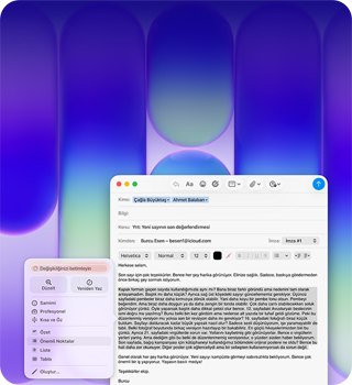 MacBook Neo ekranı, Mail uygulamasında Apple Intelligence Yazma Araçları kullanılıyor ve bir yayın hakkındaki geri bildirimleri içeren mail’deki uzun bir paragraf revize ediliyor