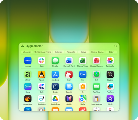 MacBook Neo’nun ekranında Microsoft PowerPoint, Word, Excel, OneNote, Google Chrome, Google Drive, FaceTime, Mesajlar, Fotoğraflar, Notlar, Canva, WhatsApp, Zoom, Essayist, Craft, Affinity, Box ve Todoist uygulamalarının bulunduğu Uygulamalar penceresi gösteriliyor