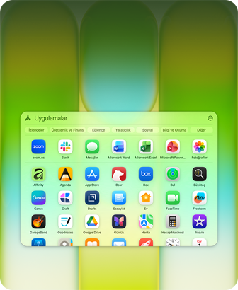 MacBook Neo’nun ekranında Microsoft PowerPoint, Word, Excel, OneNote, Google Chrome, Google Drive, FaceTime, Mesajlar, Fotoğraflar, Notlar, Canva, WhatsApp, Zoom, Essayist, Craft, Affinity, Box ve Todoist uygulamalarının bulunduğu Uygulamalar penceresi gösteriliyor