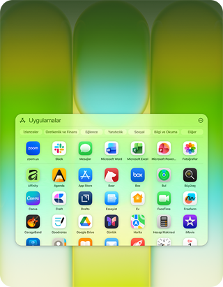 MacBook Neo’nun ekranında Microsoft PowerPoint, Word, Excel, OneNote, Google Chrome, Google Drive, FaceTime, Mesajlar, Fotoğraflar, Notlar, Canva, WhatsApp, Zoom, Essayist, Craft, Affinity, Box ve Todoist uygulamalarının bulunduğu Uygulamalar penceresi gösteriliyor