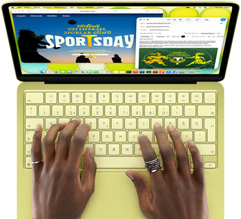MacBook Neo, puslu sarı renk, klavye üzerinde duran eller, kullanıcı bir spor etkinliği için davet mail'i hazırlıyor, yanda etkinliğin websitesi açık