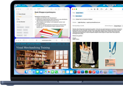 MacBook Neo, indigo renk, ekranda bir kitapçının yeni çalışanı için yazılan karşılama mail’i gösteriliyor, üst üste duran diğer pencerelerde ise işe alımla ilgili bilgileri içeren Notlar belgesi ve kitapçının çalışan portalı web sitesini gösteren Safari tarayıcısı yer alıyor