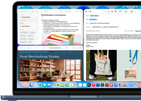 MacBook Neo, indigo renk, ekranda bir kitapçının yeni çalışanı için yazılan karşılama mail’i gösteriliyor, üst üste duran diğer pencerelerde ise işe alımla ilgili bilgileri içeren Notlar belgesi ve kitapçının çalışan portalı web sitesini gösteren Safari tarayıcısı yer alıyor