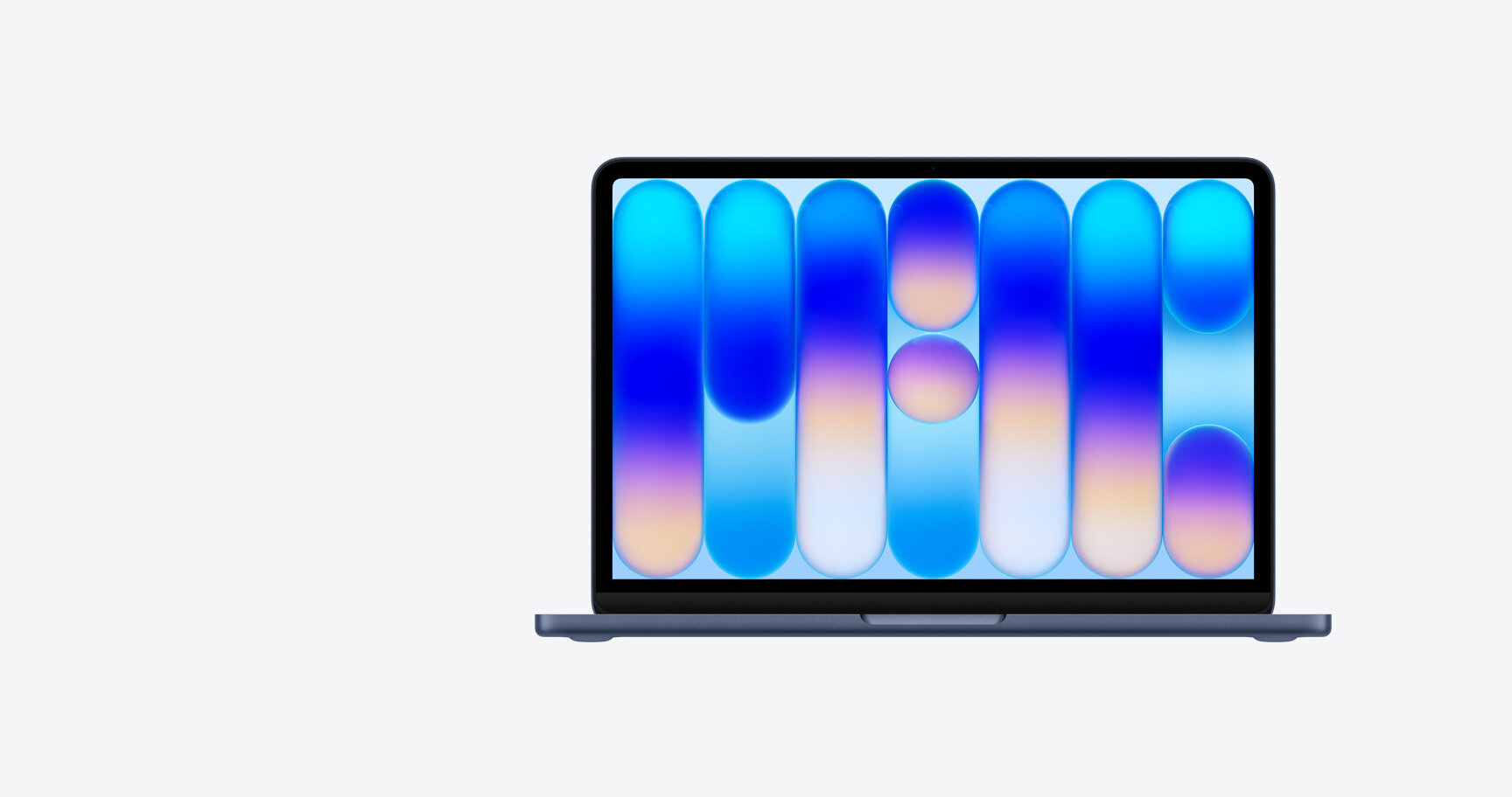 MacBook Neo, açık görünüm, Indigo renk, renkli soyut duvar kağıdı