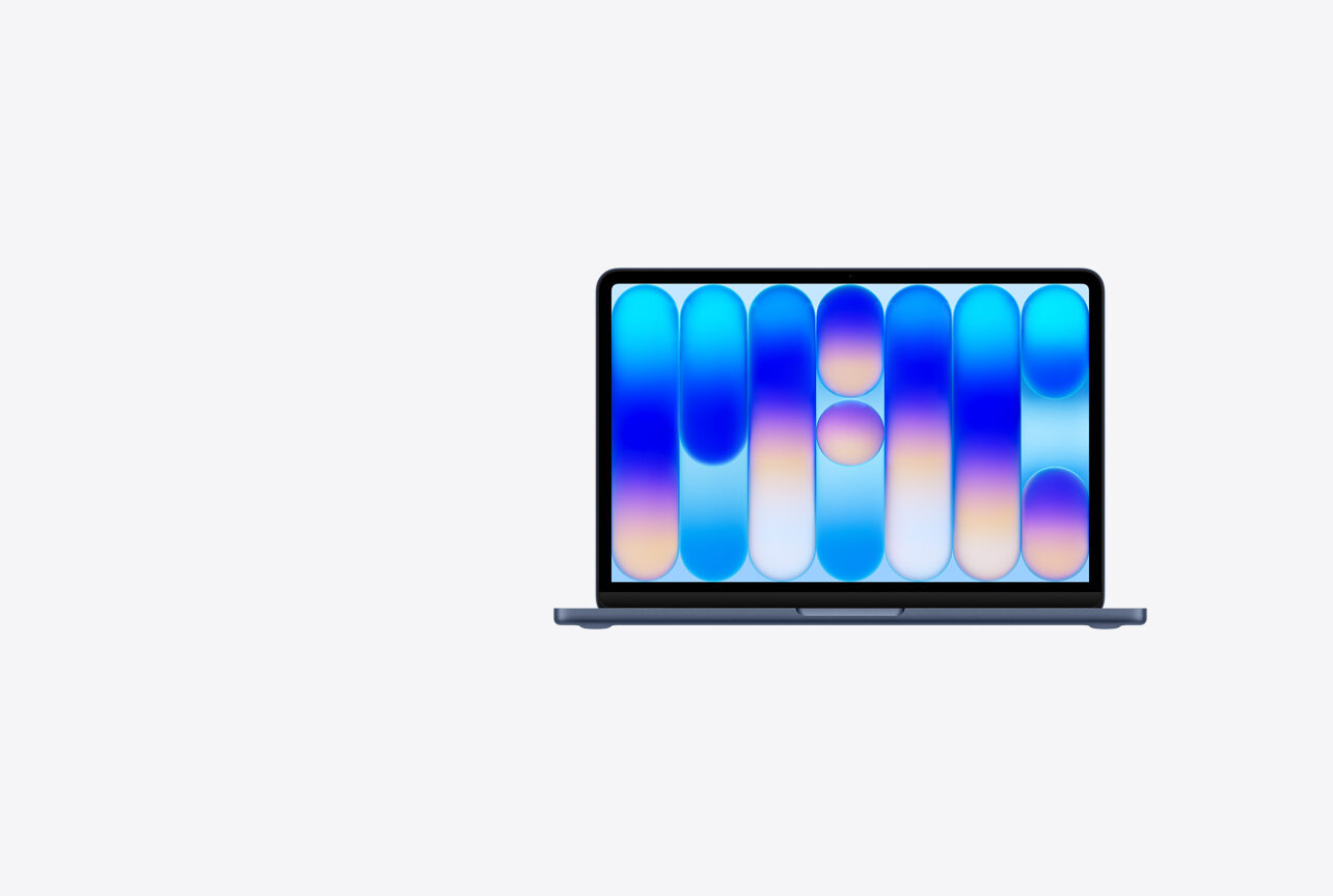 MacBook Neo, açık görünüm, Indigo renk, renkli soyut duvar kağıdı