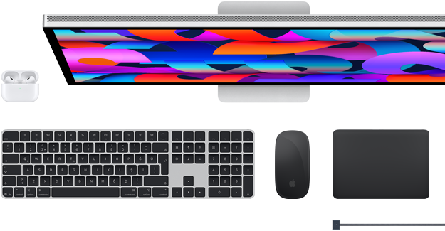 Mac aksesuarları: AirPods, Studio Display, Magic Keyboard, Magic Mouse, Magic Trackpad, Uzay Siyahı rengi MagSafe şarj kablosu