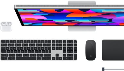 Mac aksesuarları: AirPods, Studio Display, Magic Keyboard, Magic Mouse, Magic Trackpad, Uzay Siyahı rengi MagSafe şarj kablosu