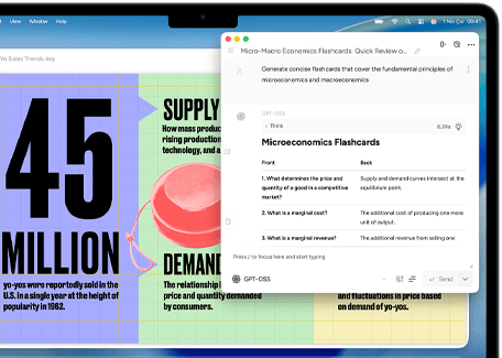 MacBook Air ekranında Apple Intelligence Yazma Araçları ile mikro ve makro ekonomi hakkında bilgi kartları oluşturulduğu gösteriliyor