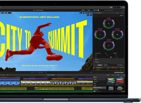 M5 çipin becerilerini göstermek için video düzenleme yapılan MacBook Air ekranının kısmi görünümü