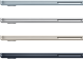 Dört farklı renk seçeneğinin gösterildiği dört adet MacBook Air laptopun yandan dış görünümü