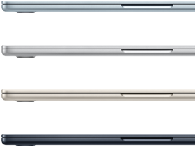 Dört farklı renk seçeneğinin gösterildiği dört adet MacBook Air laptopun yandan dış görünümü