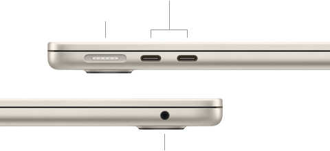 Soldan görünümüyle MagSafe bağlantı noktasını ve iki adet Thunderbolt bağlantı noktasını, sağdan görünümüyle kulaklık jakını gösteren, kapağı kapalı MacBook Air
