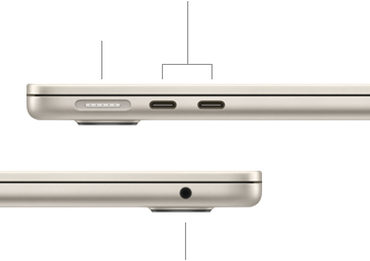 Soldan görünümüyle MagSafe bağlantı noktasını ve iki adet Thunderbolt bağlantı noktasını, sağdan görünümüyle kulaklık jakını gösteren, kapağı kapalı MacBook Air