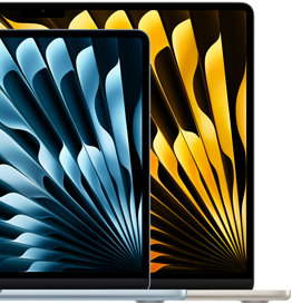 İki adet MacBook Air laptopun birbirlerine oranla ekran boyutları gösteriliyor: 13.6 inç ve 15.3 inç, diyagonal ölçüm