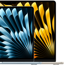 İki adet MacBook Air laptopun birbirlerine oranla ekran boyutları gösteriliyor: 13.6 inç ve 15.3 inç, diyagonal ölçüm