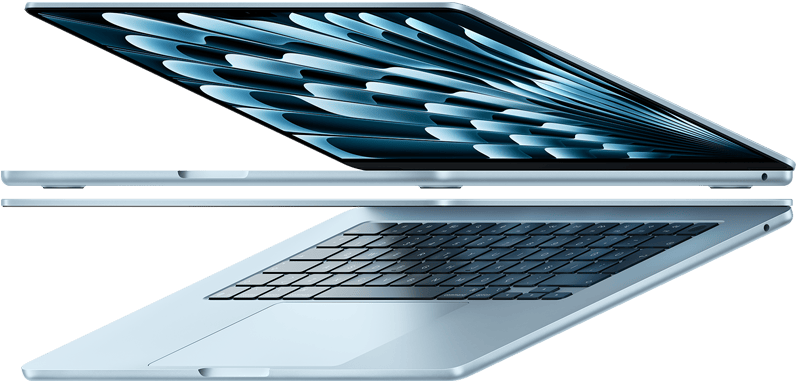 Açık duran iki adet gök mavisi rengi MacBook Air, laptopun ince profiline vurgu yapmak için ok şekli oluşturacak şekilde duruyor