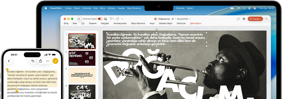 iPhone 16 Plus’ta Notlar uygulaması açık ve bir metin seçili, MacBook Air’de bir Keynote slaytı açık, Notlar uygulamasındaki metin slaytta görülüyor