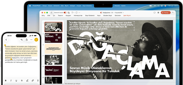 iPhone 16 Plus’ta Notlar uygulaması açık ve bir metin seçili, MacBook Air’de bir Keynote slaytı açık, Notlar uygulamasındaki metin slaytta görülüyor