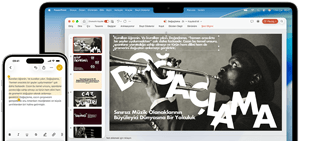 iPhone 16 Plus’ta Notlar uygulaması açık ve bir metin seçili, MacBook Air’de bir Keynote slaytı açık, Notlar uygulamasındaki metin slaytta görülüyor