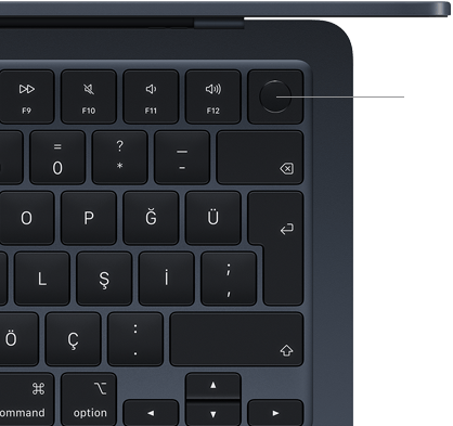 MacBook Air klavyesi, sağ üst köşede Touch ID düğmesinin yeri gösteriliyor