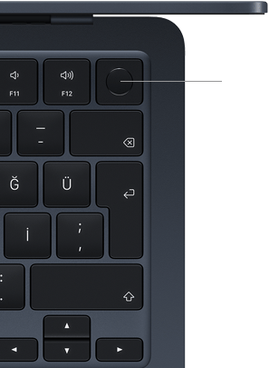 MacBook Air klavyesi, sağ üst köşede Touch ID düğmesinin yeri gösteriliyor