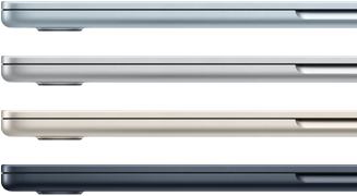 MacBook Air’in dört farklı renk seçeneğinin gösterildiği dört adet MacBook Air laptopun yandan dış görünümü