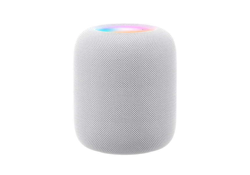 HomePod, white color, multicolored stars and dots in background