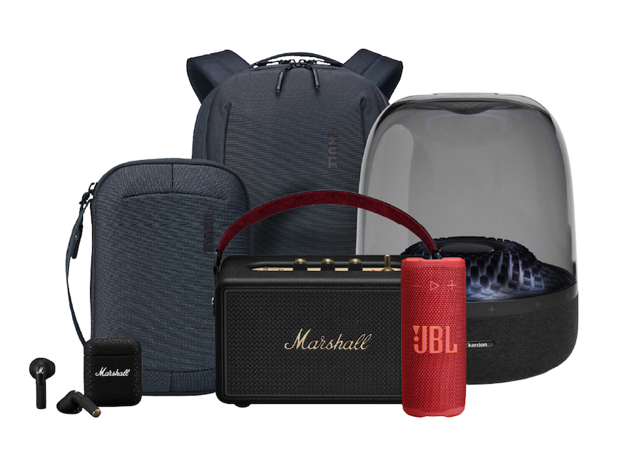 HomePod, white color, multicolored stars and dots in background